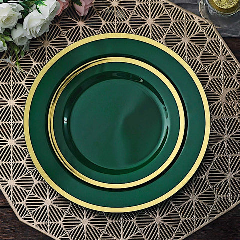 10 Hunter Green Disposable Round Plastic Dinner Plates with Gold Rim