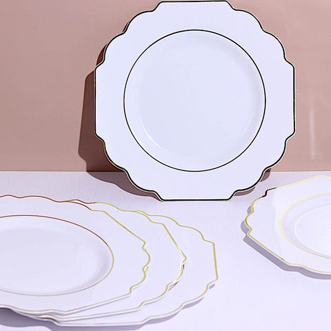 10 Disposable Baroque White Plastic Dinner Plates with Gold Rim