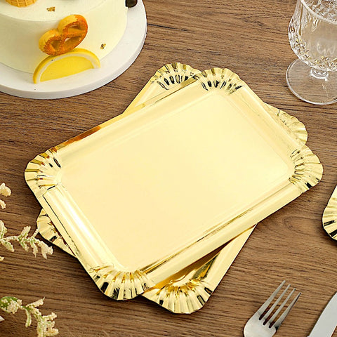 10 Gold Rectangular Paper Serving Trays with Scalloped Design