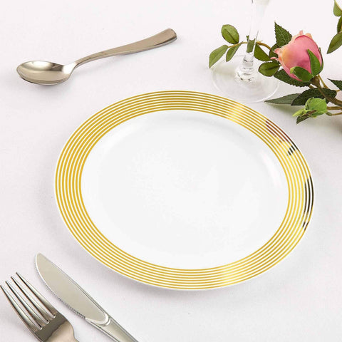 10 pcs 8 in Disposable White Plastic Dinner Plates with Striped Trim