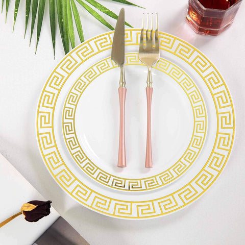 10 pcs 8 in Disposable White Plastic Dinner Plates with Geometric Trim