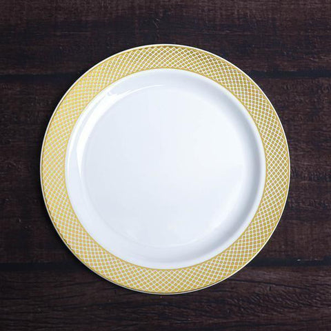10 pcs 8" Disposable White Plastic Salad Plates with Gold Checkered Trim