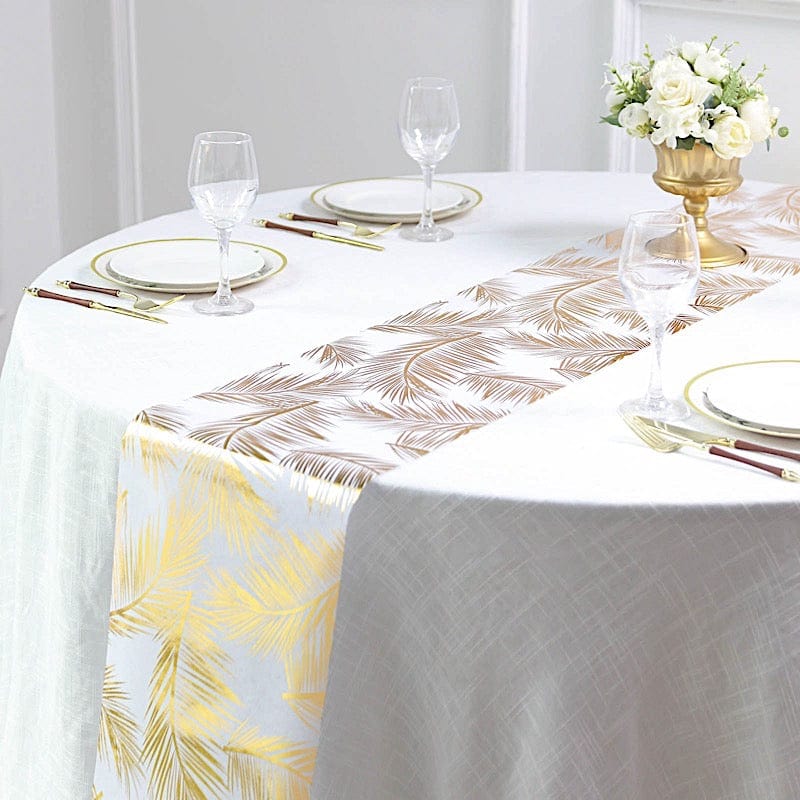 White 11x108 in Non Woven Fabric Table Runner with Gold Metallic Leaves Print