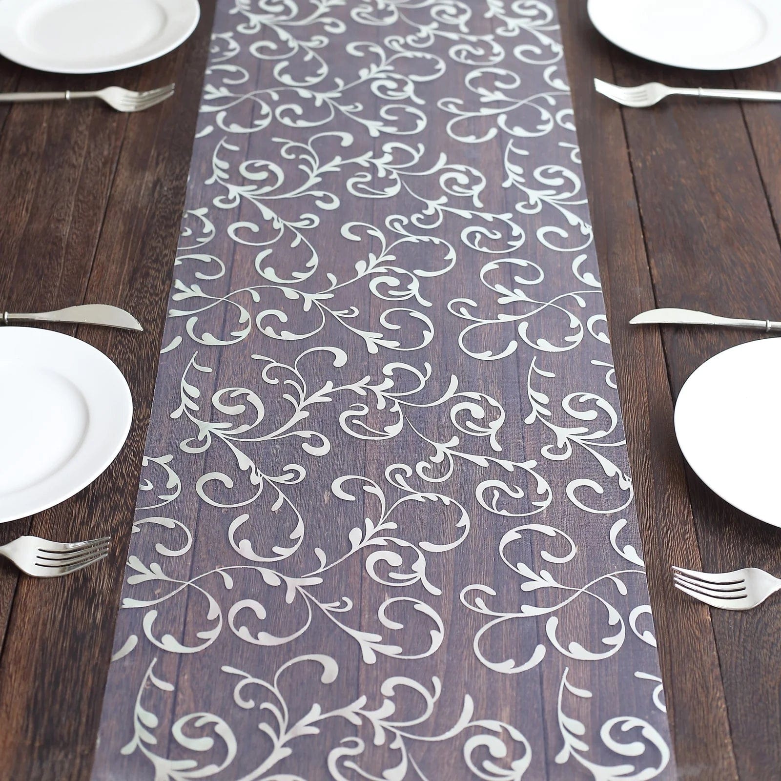 12x108 in Sheer Organza Table Runner with Embossed Metallic Floral Design