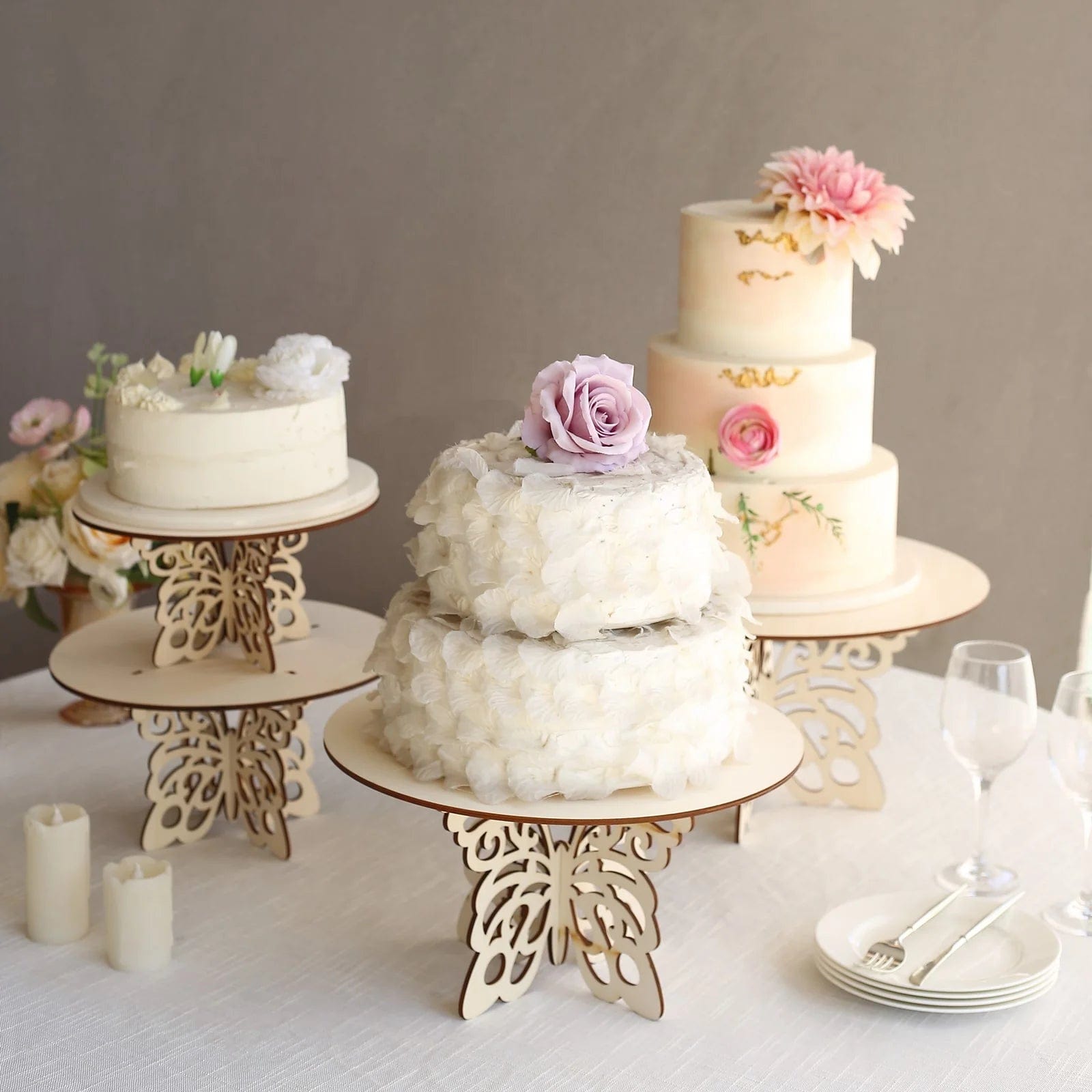 4 Natural Wooden Dessert Stand with Laser Cut Butterfly Design