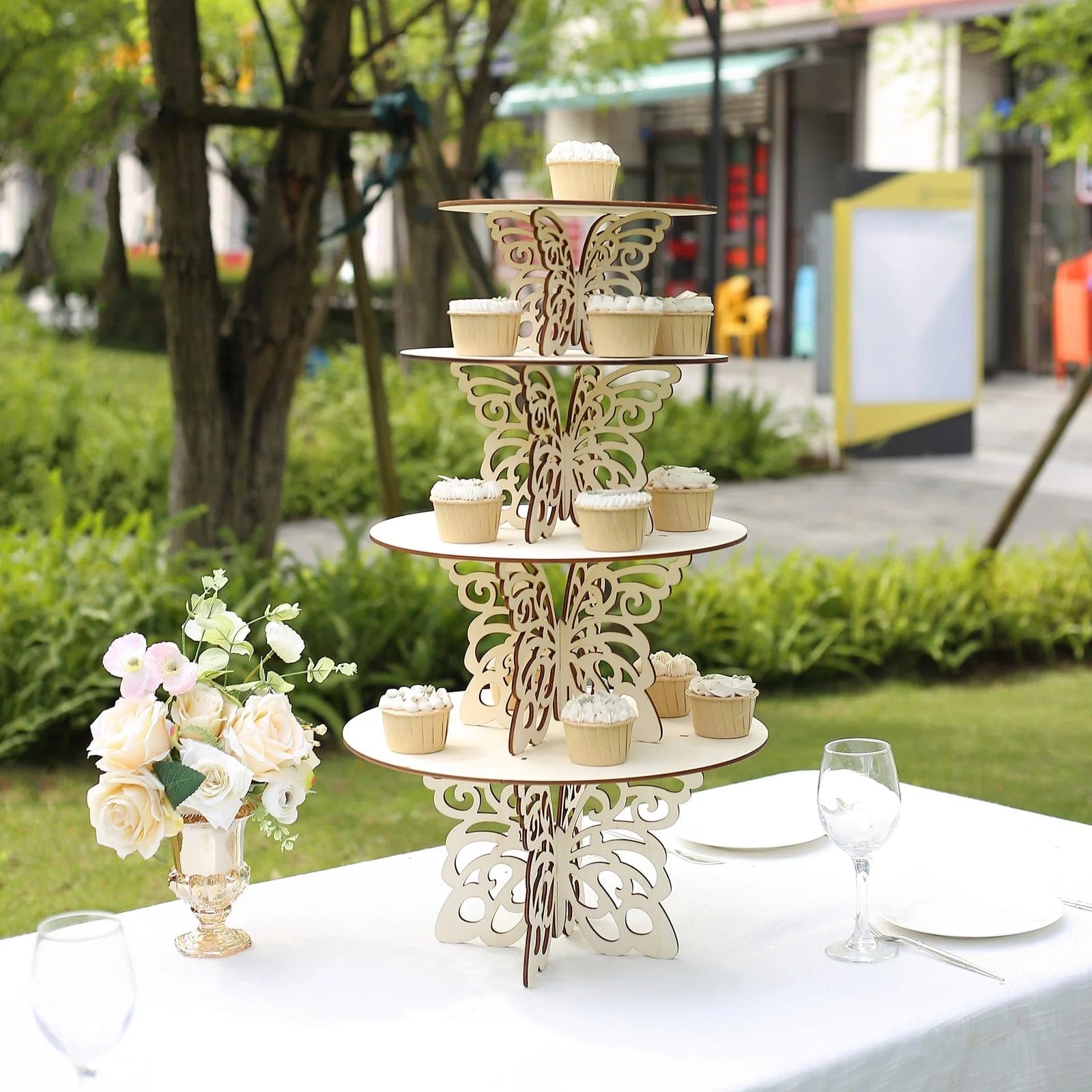 4 Natural Wooden Dessert Stand with Laser Cut Butterfly Design