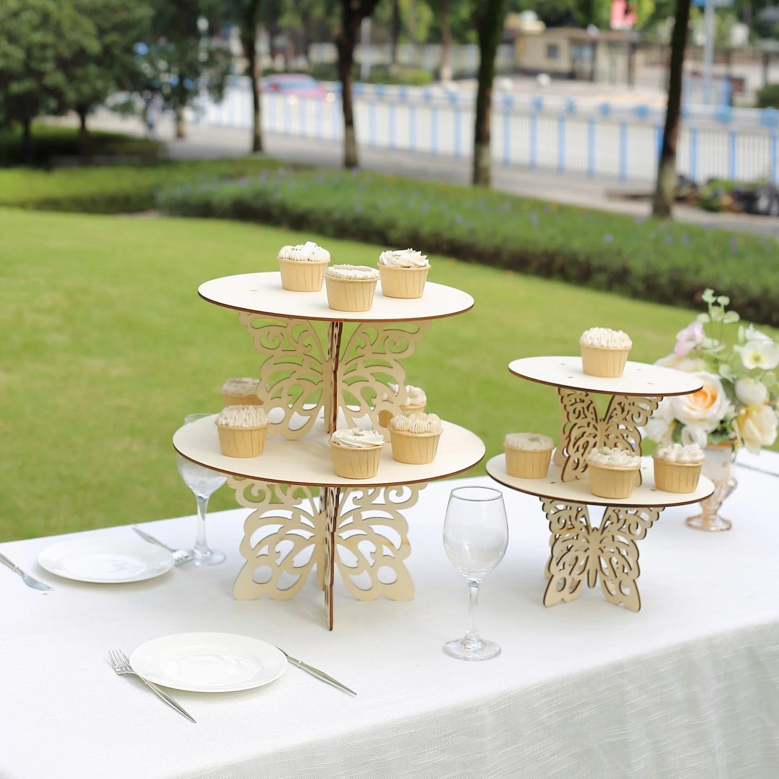 4 Natural Wooden Dessert Stand with Laser Cut Butterfly Design