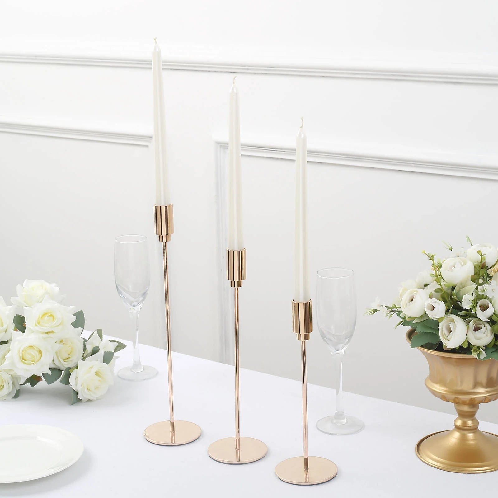 3 Gold Metal Candlesticks Stands Taper Candle Holders with Round Base