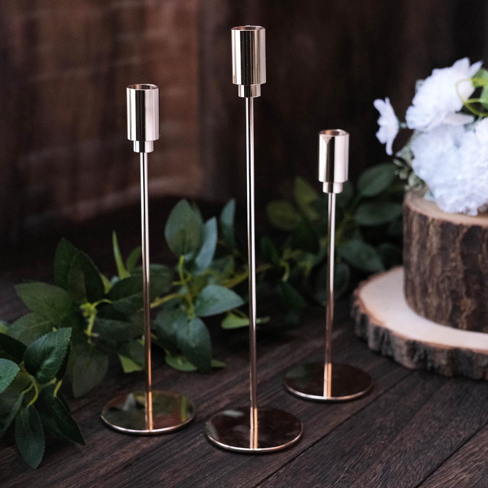 3 Gold Metal Candlesticks Stands Taper Candle Holders with Round Base