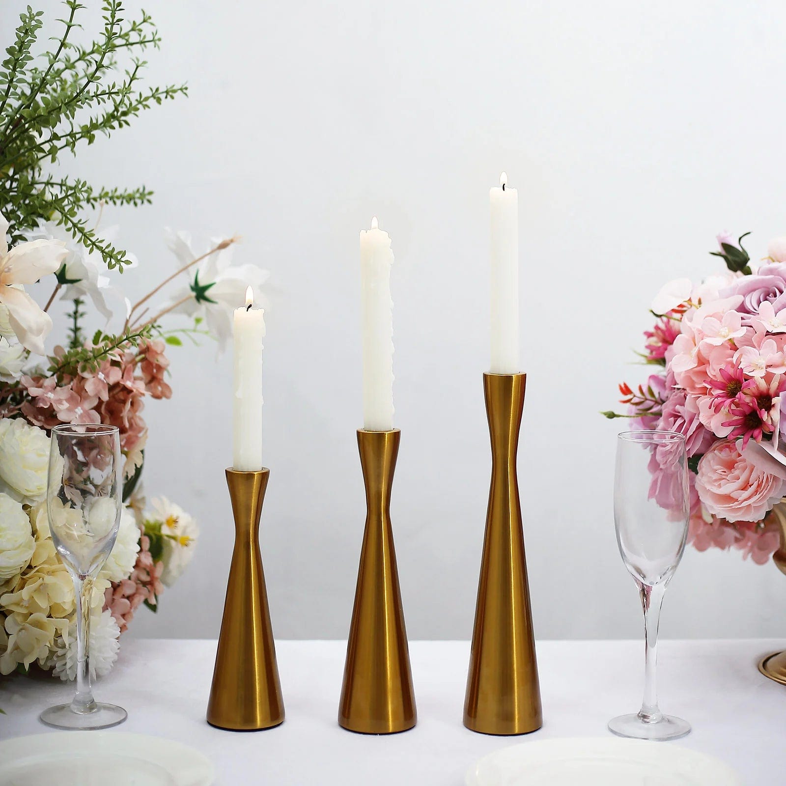 3 Gold Modern Hourglass Style Metal Taper Candle Holders