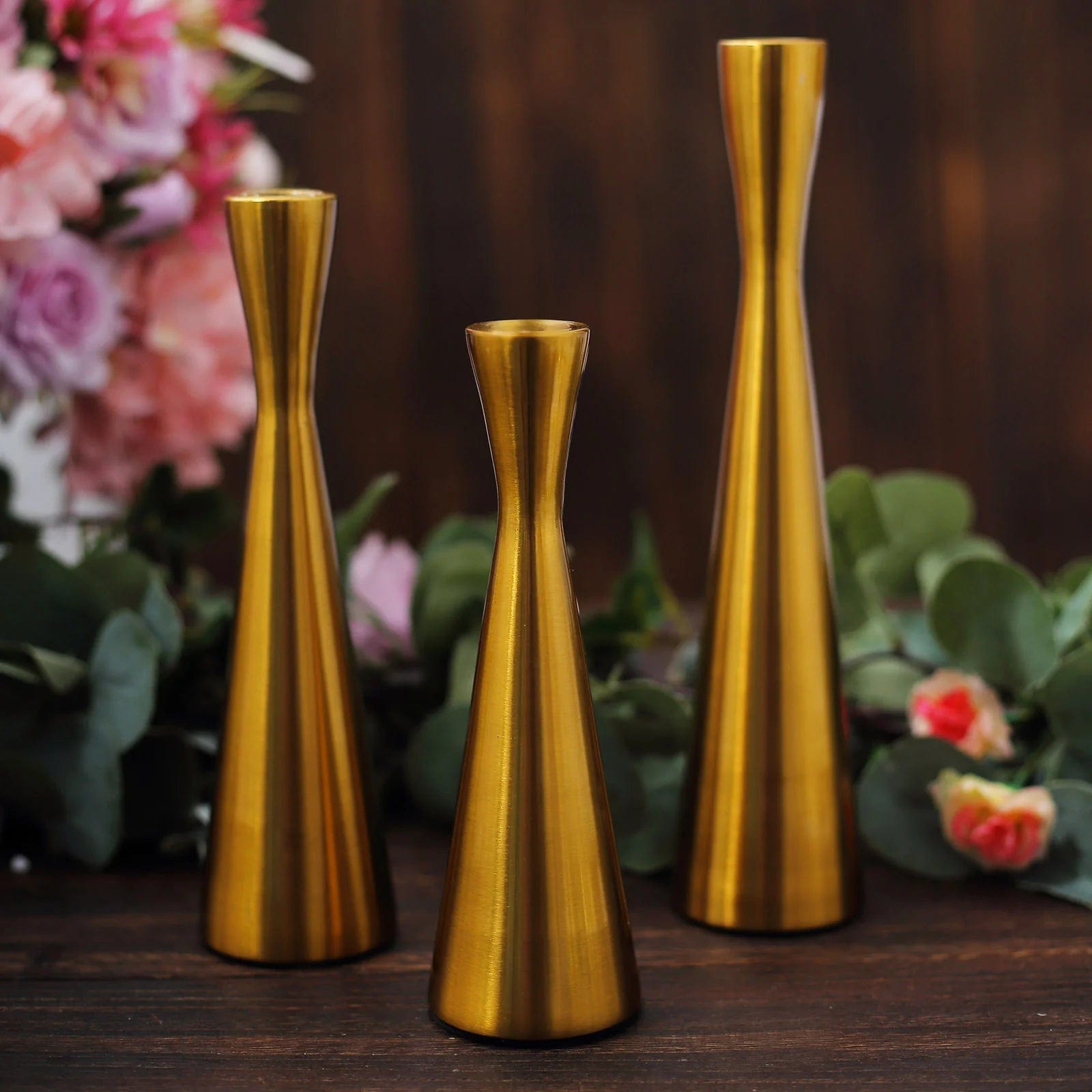 3 Gold Modern Hourglass Style Metal Taper Candle Holders