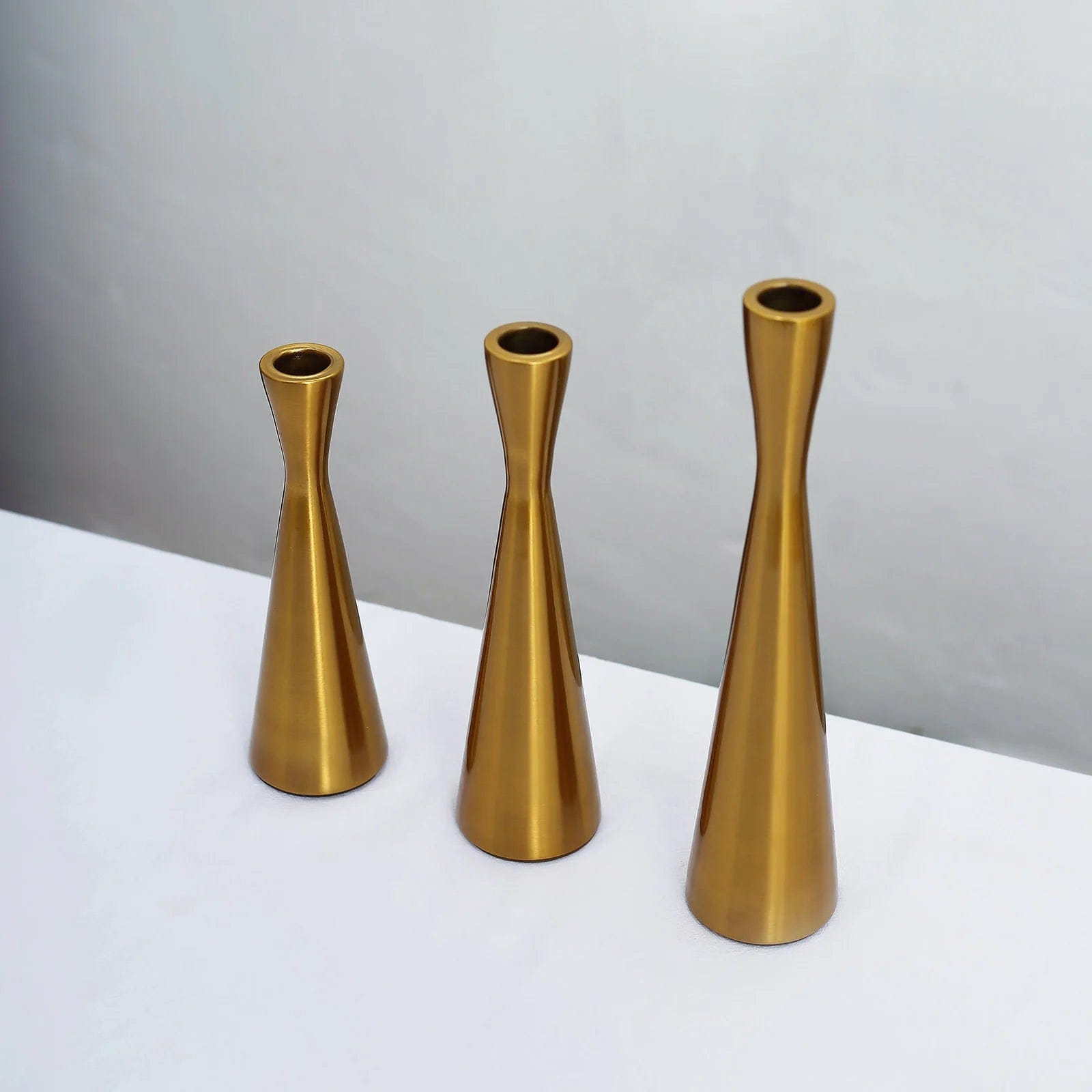 3 Gold Modern Hourglass Style Metal Taper Candle Holders