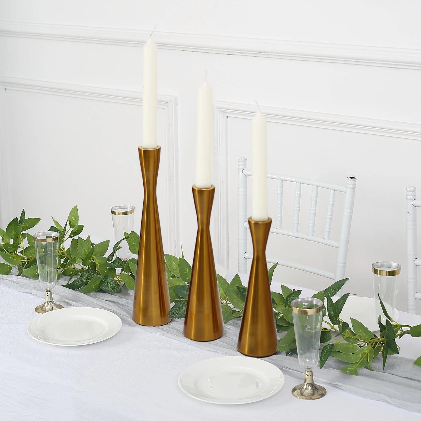 3 Gold Modern Hourglass Style Metal Taper Candle Holders