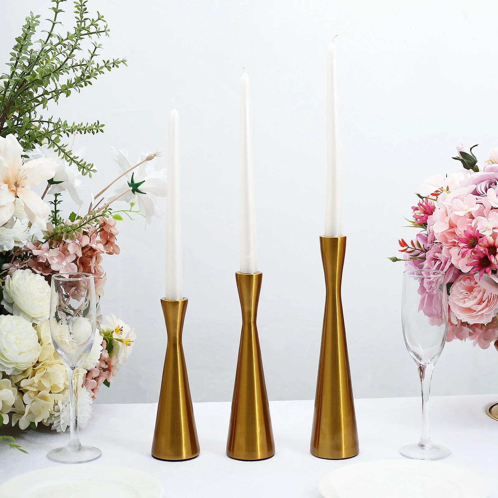 3 Gold Modern Hourglass Style Metal Taper Candle Holders