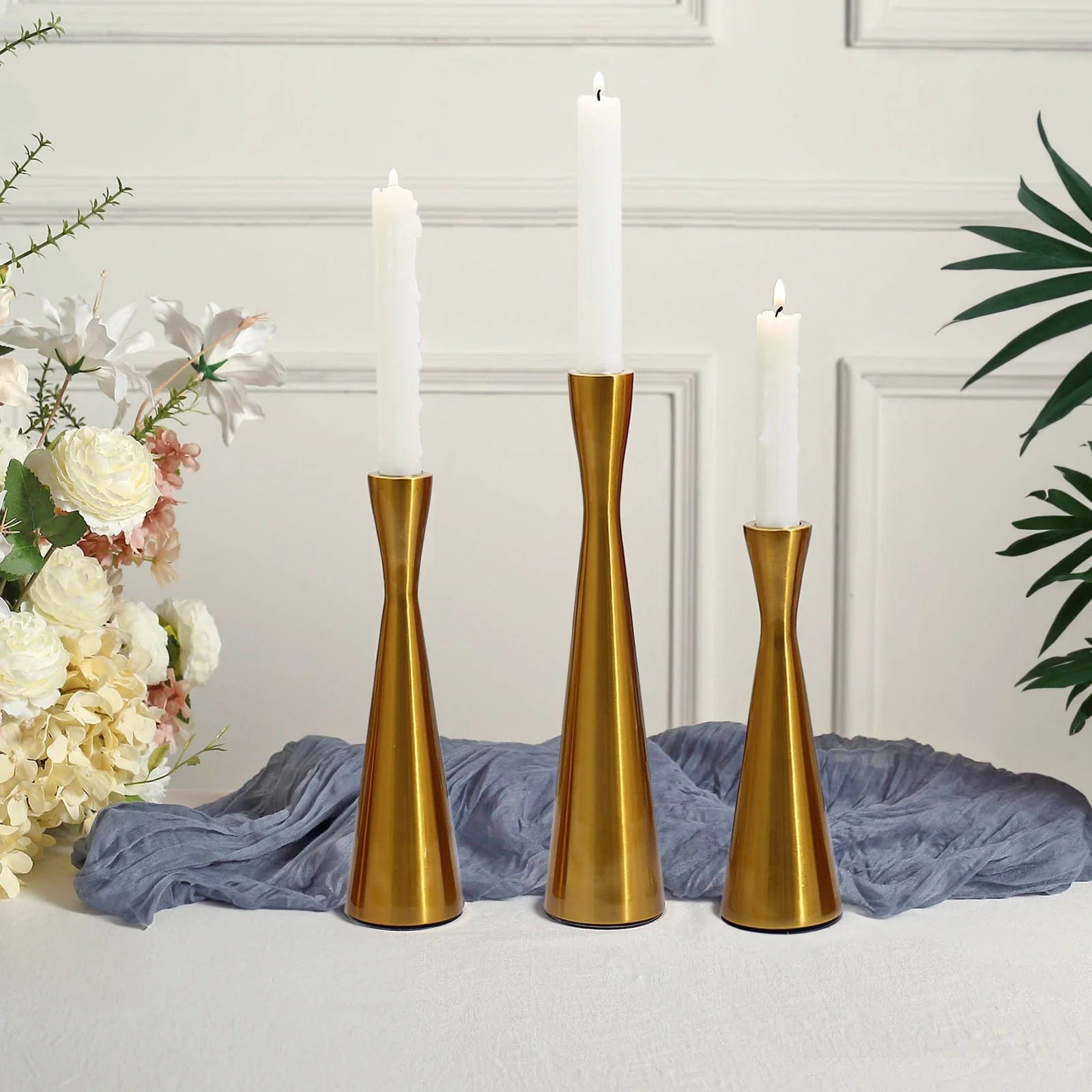3 Gold Modern Hourglass Style Metal Taper Candle Holders