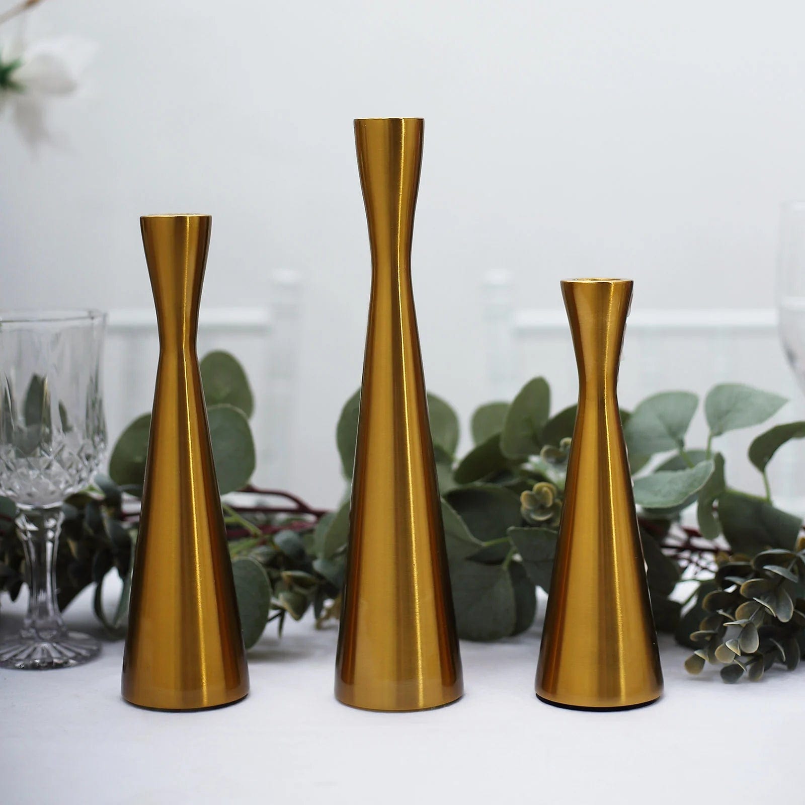 3 Gold Modern Hourglass Style Metal Taper Candle Holders