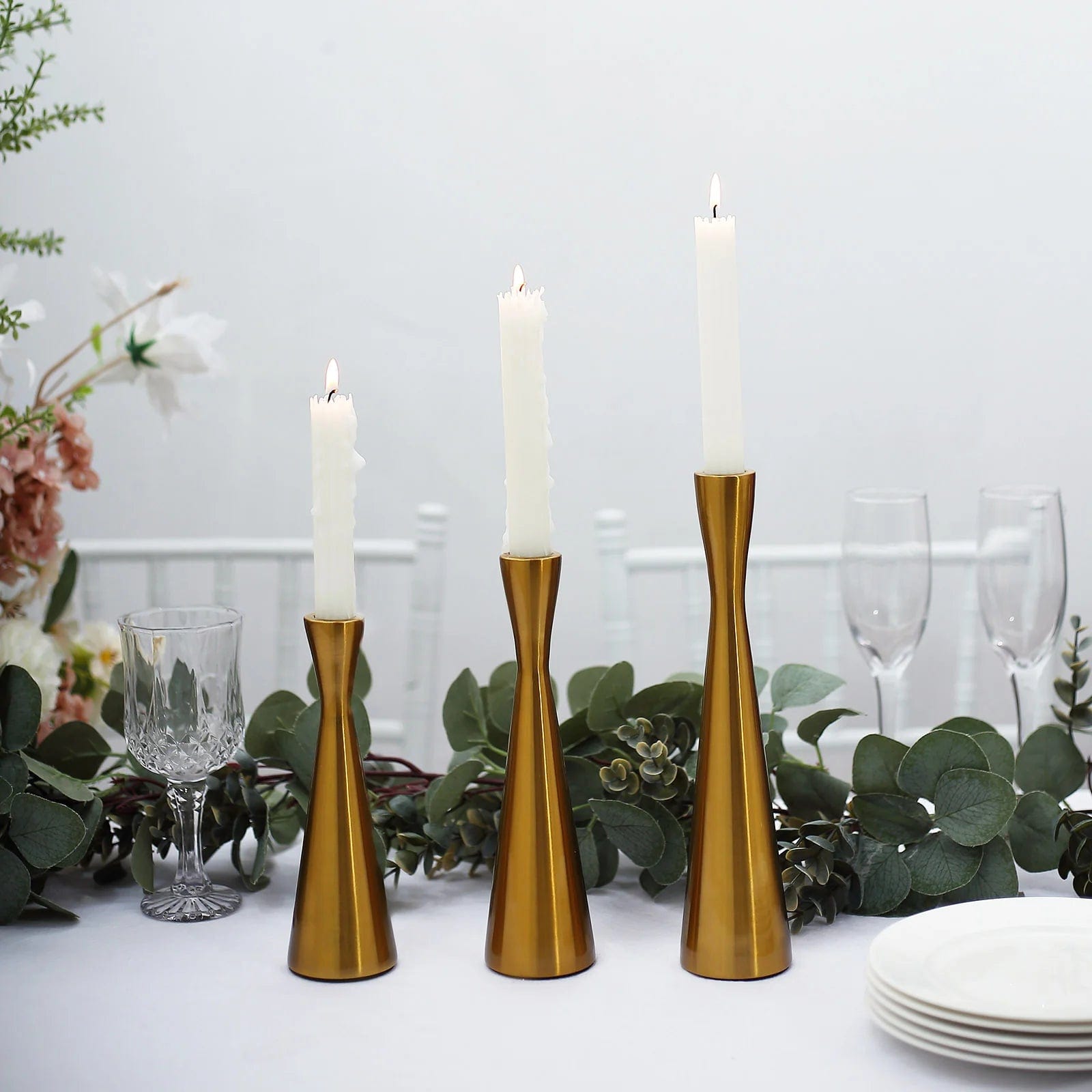 3 Gold Modern Hourglass Style Metal Taper Candle Holders
