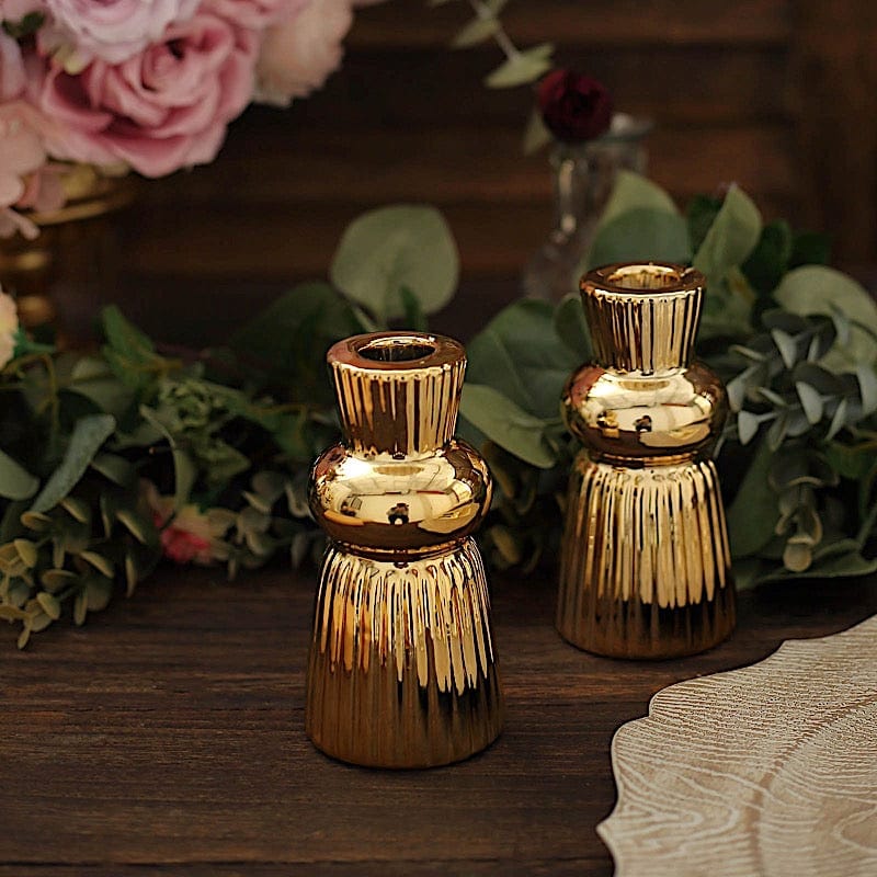 3 Metallic Gold 5 in Ribbed Fluted Ball Neck Ceramic Taper Candle Holders