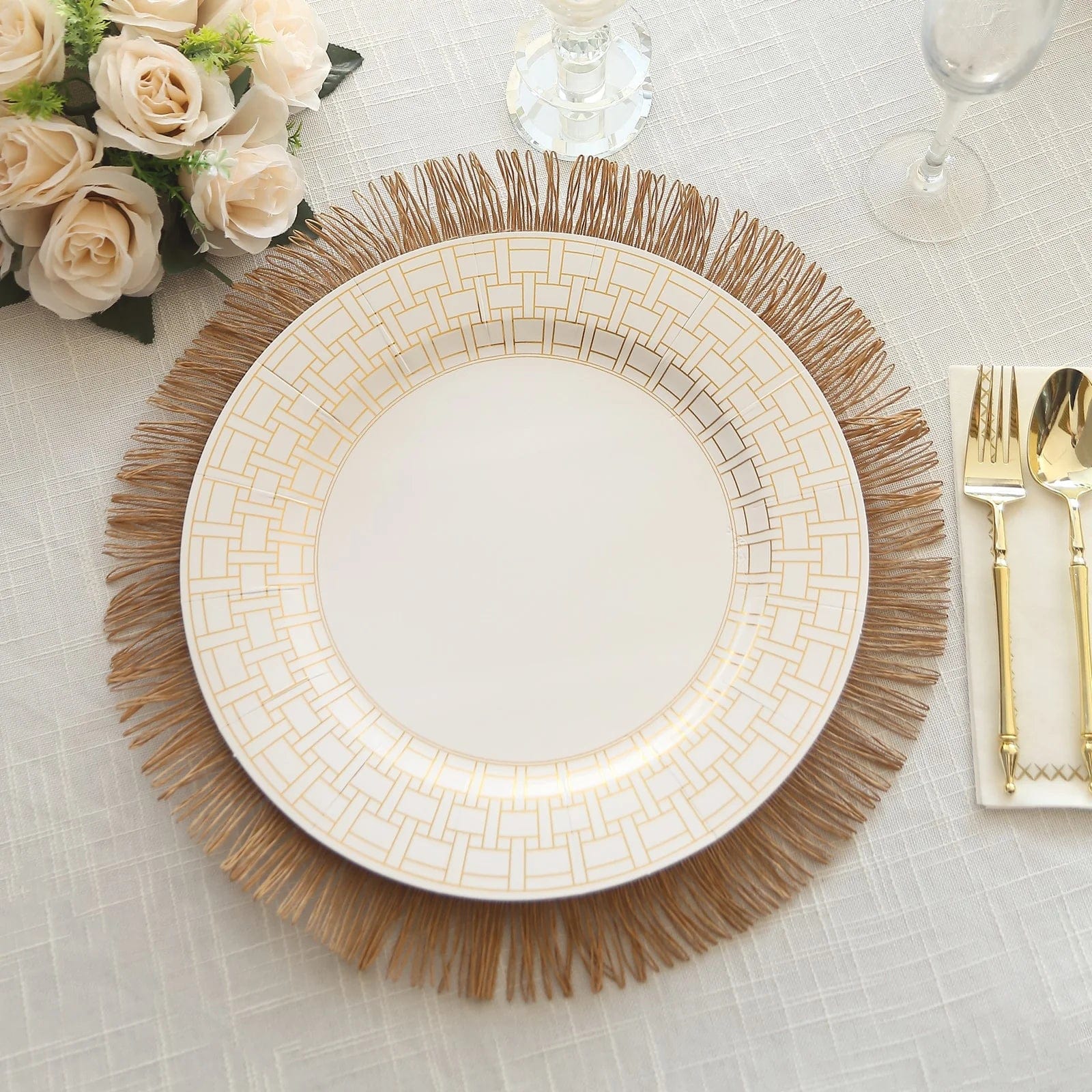 10 White Disposable Paper Charger Plates with Gold Basketweave Design Rim
