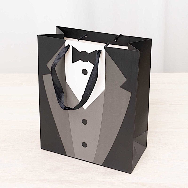 12 Black and White Tuxedo Paper Gift Tote Bags with Satin Handles