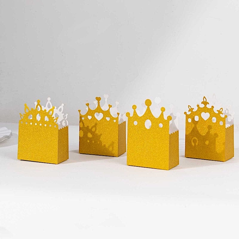 20 Gold Glitter Princess Crown Paper Favor Boxes