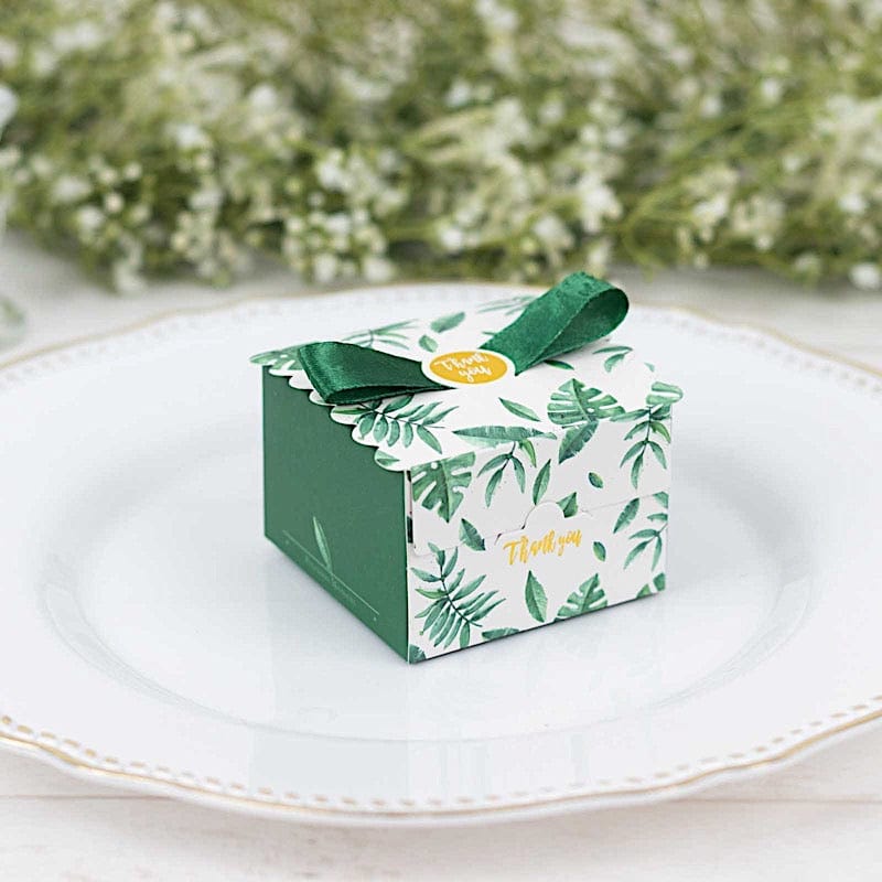 25 Green Monstera Leaf Print Favor Gift Boxes with Satin Ribbon Bow