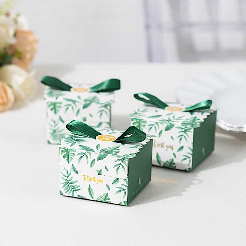 25 Green Monstera Leaf Print Favor Gift Boxes with Satin Ribbon Bow
