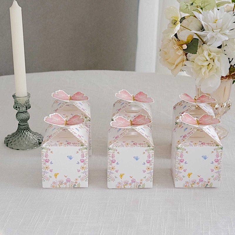 25 White and Pink Glitter Butterfly Top Party Favor Boxes