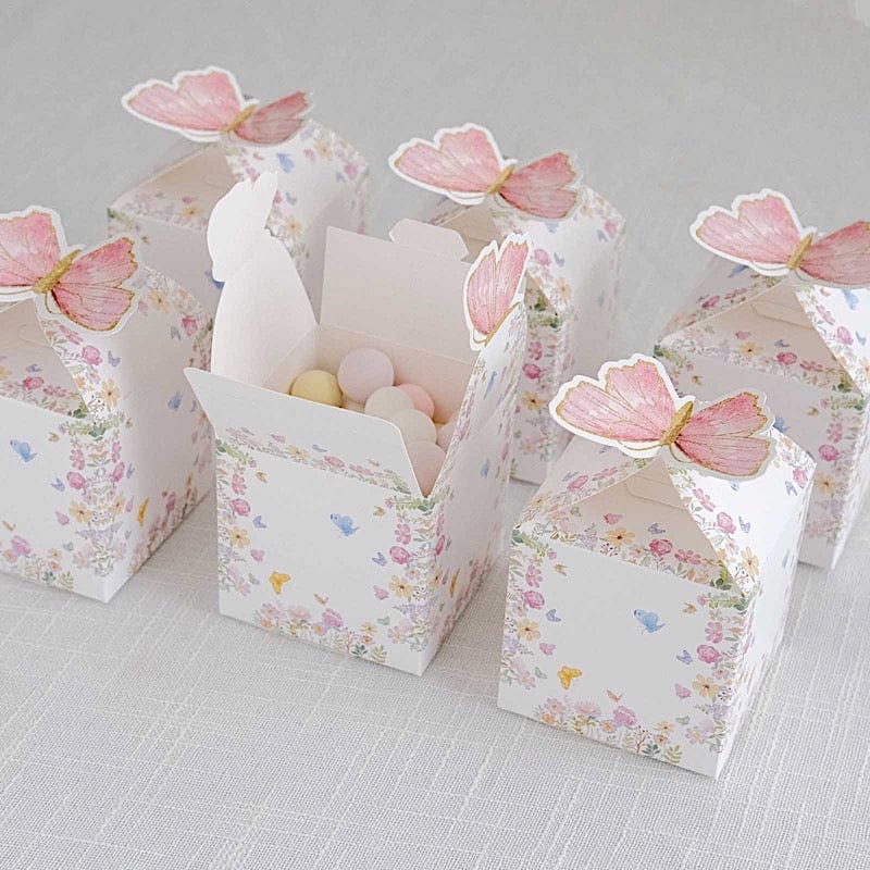 25 White and Pink Glitter Butterfly Top Party Favor Boxes