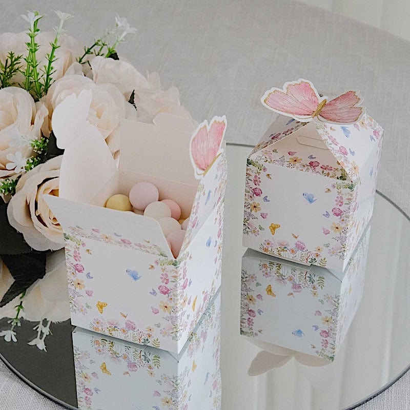 25 White and Pink Glitter Butterfly Top Party Favor Boxes