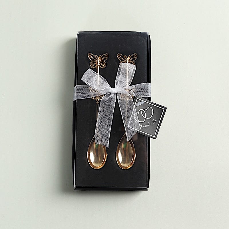 10 Gold Metal Butterfly Handle Coffee Spoons in Clear Top Black Gift Box