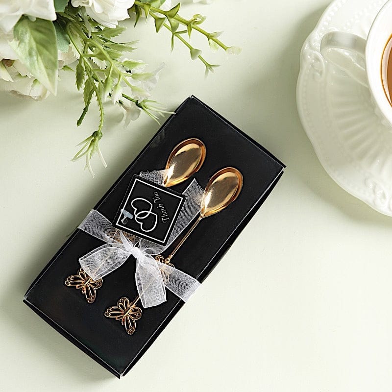 10 Gold Metal Butterfly Handle Coffee Spoons in Clear Top Black Gift Box
