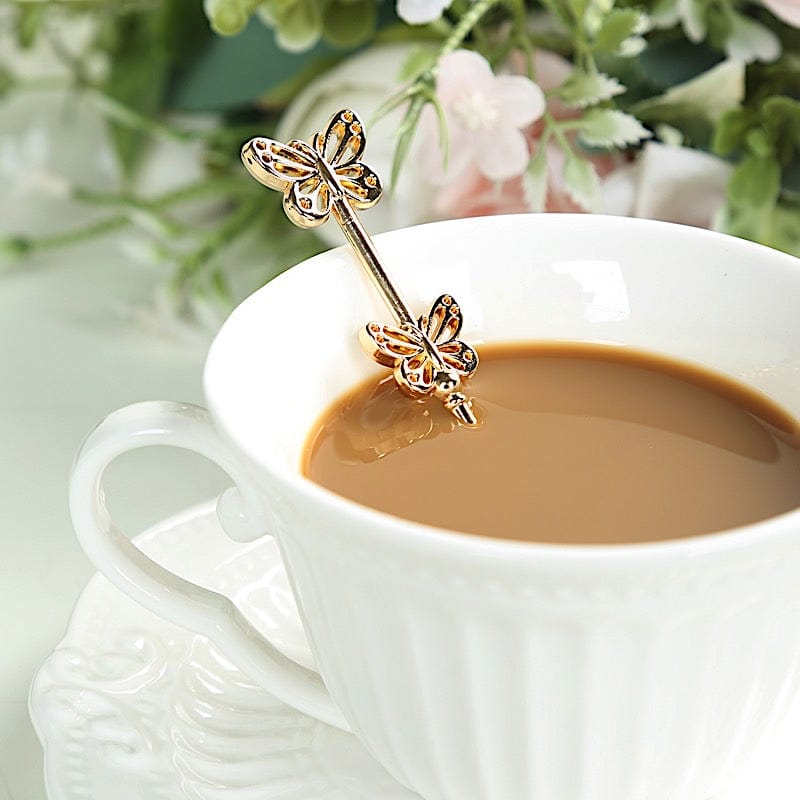 10 Gold Metal Butterfly Handle Coffee Spoons in Clear Top Black Gift Box