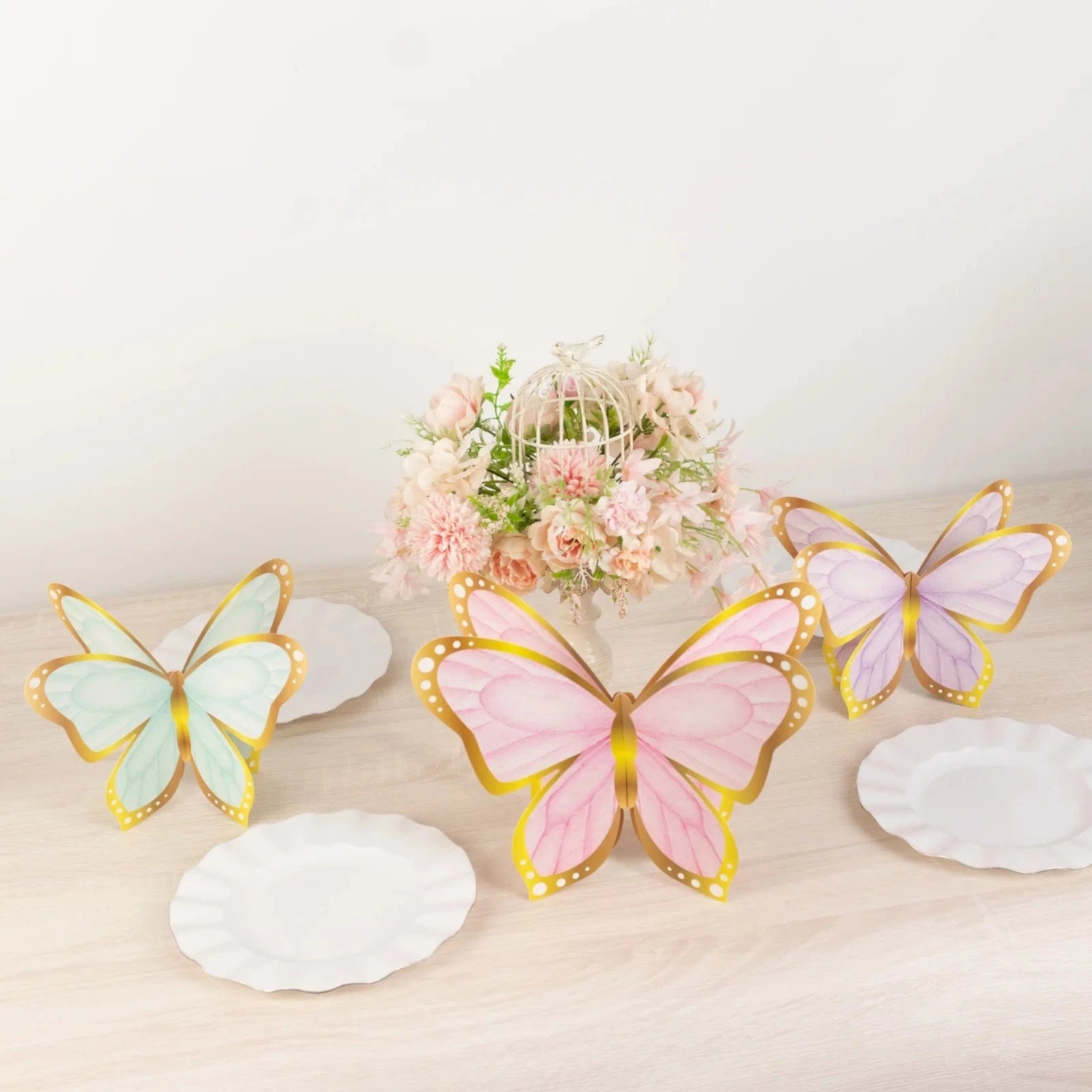 12 Pastel Color 3D Butterfly Table Centerpieces with Metallic Gold Foil Accents