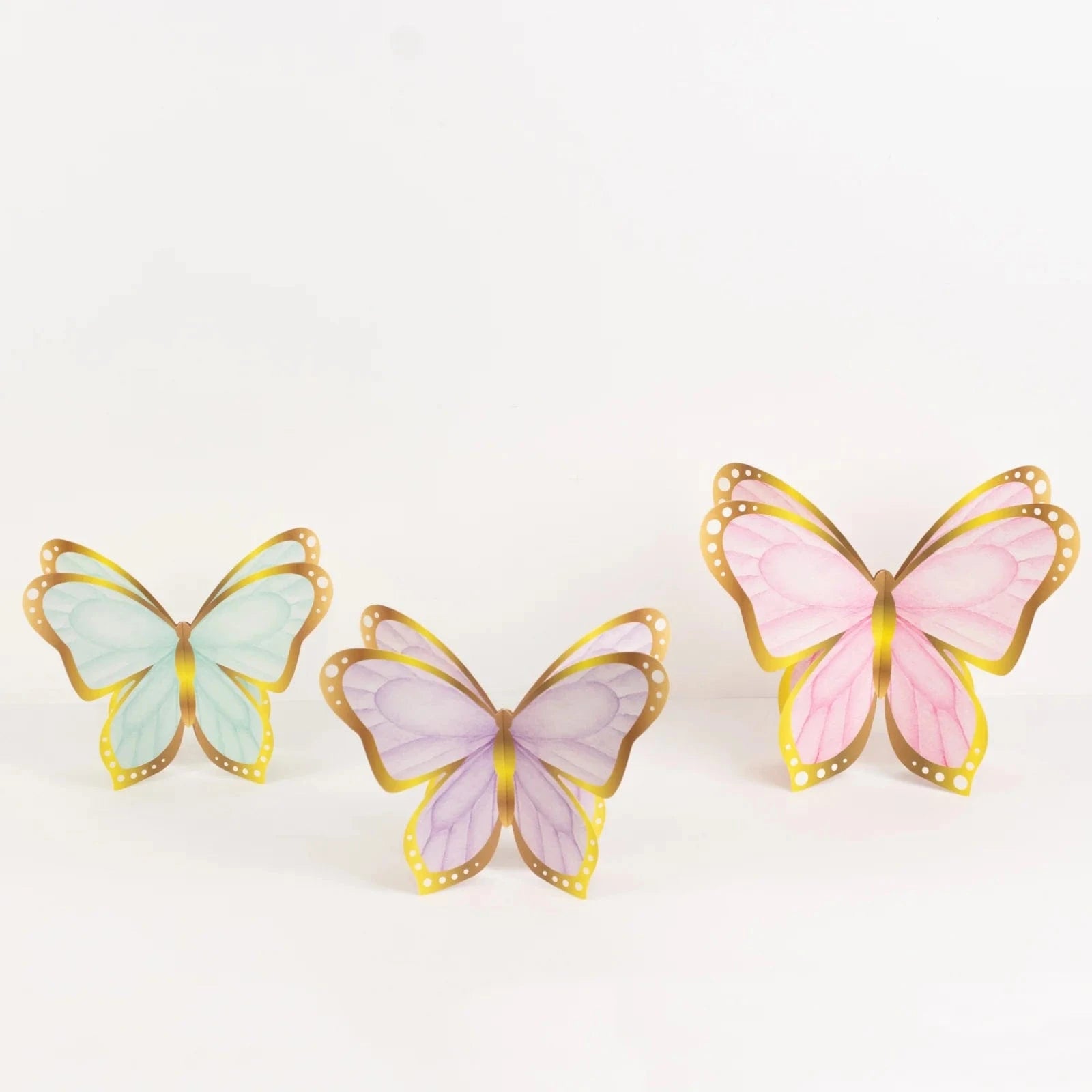 12 Pastel Color 3D Butterfly Table Centerpieces with Metallic Gold Foil Accents