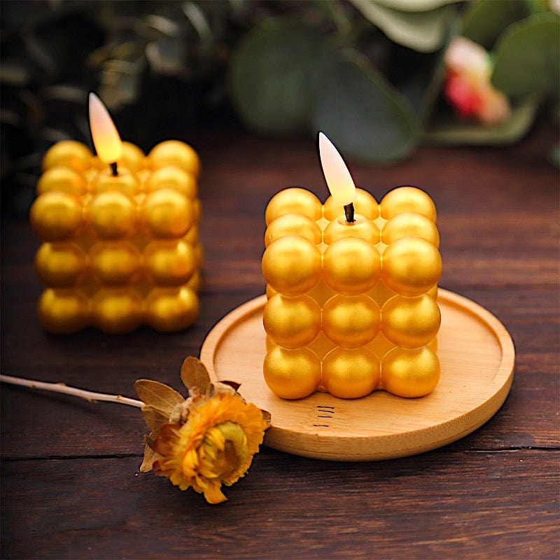 2 Metallic Gold 2 in Flameless LED Light Bubble Cube Candles Centerpieces