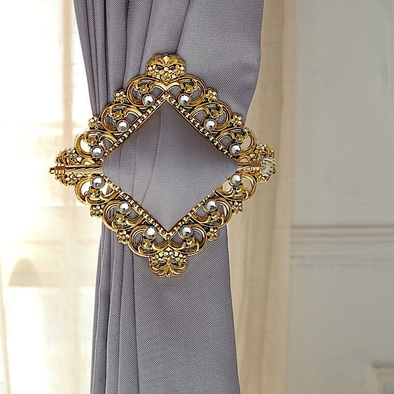 2 Gold 6 in Square Plastic Curtain Tie Backs Baroque Design with Acrylic Crystals
