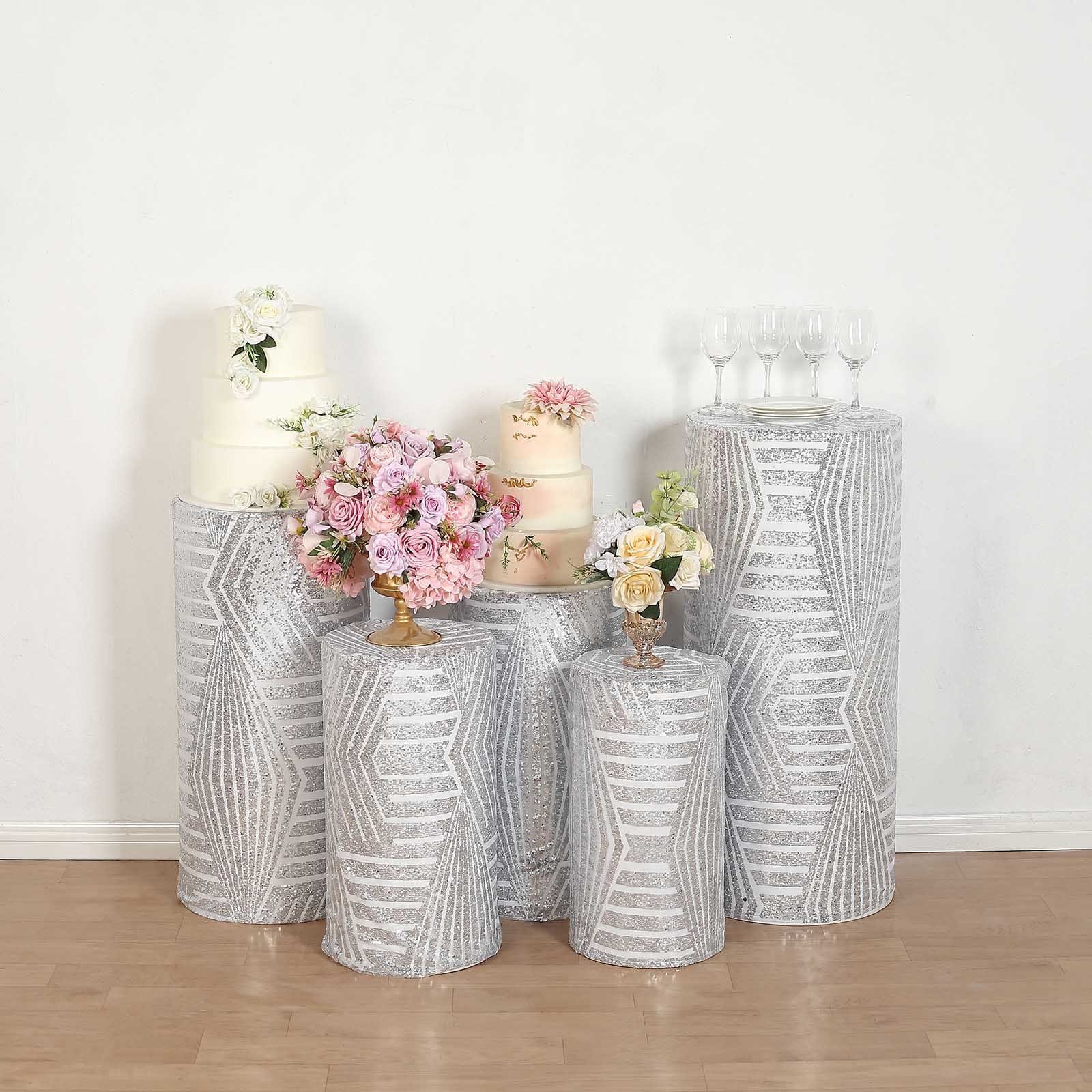 5 Cylinder Pedestal Mesh with Geometric Embroidered Sequins Display Stand Covers Set