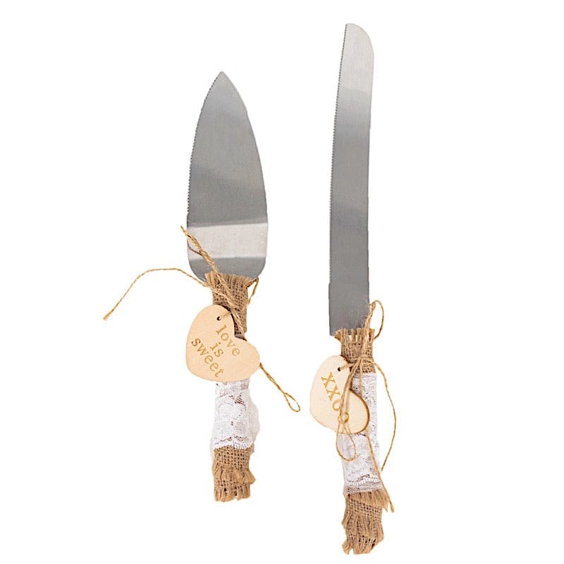 Silver Wedding Cake Knife and Server Set with Natural Jute and Lace Handles