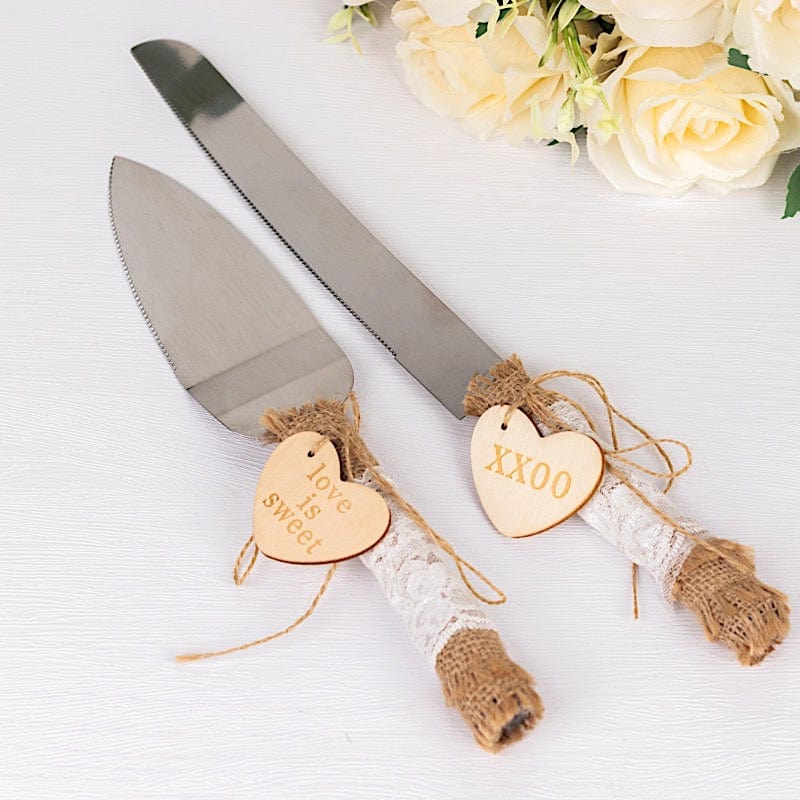Silver Wedding Cake Knife and Server Set with Natural Jute and Lace Handles