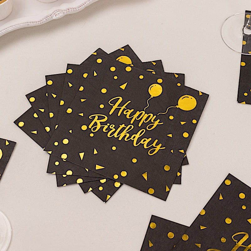 20 Black 13x13 in Dinner Paper Napkins with Gold Happy Birthday Design