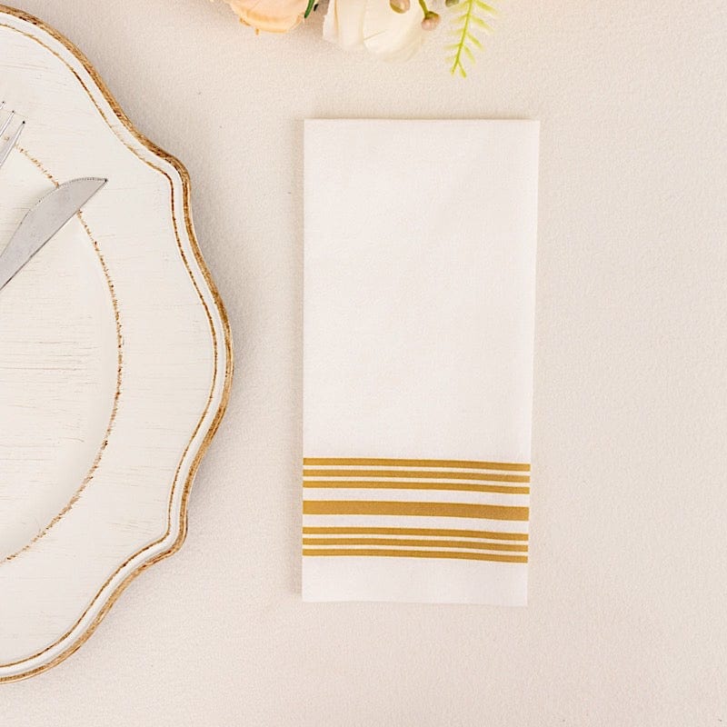 20 White with Gold Metallic Lines Design Airlaid Paper Napkins