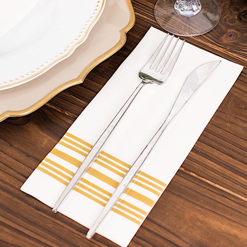 20 White with Gold Metallic Lines Design Airlaid Paper Napkins