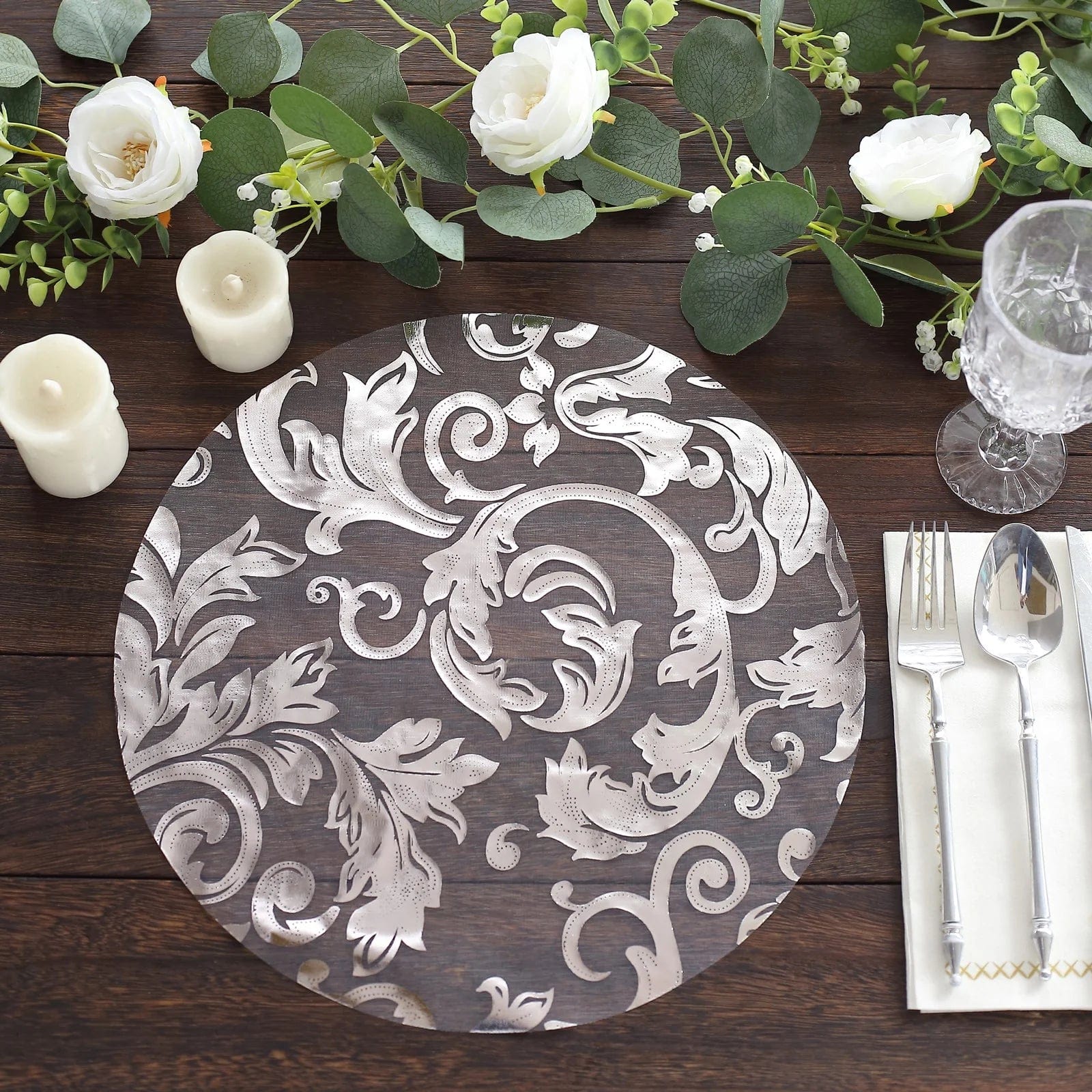 10 Round 13 in Sheer Organza Placemats with Metallic Swirl Foil Floral Design