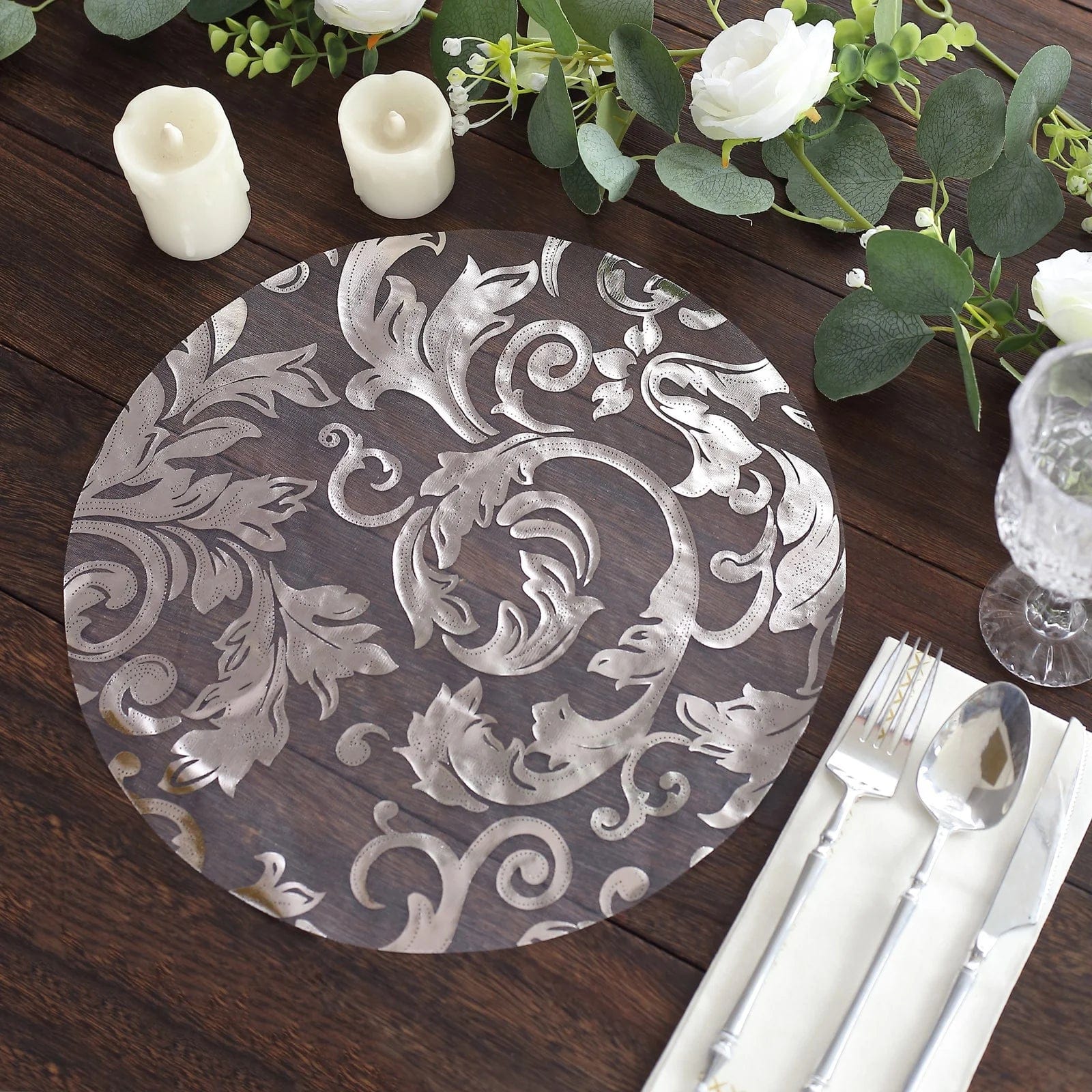 10 Round 13 in Sheer Organza Placemats with Metallic Swirl Foil Floral Design