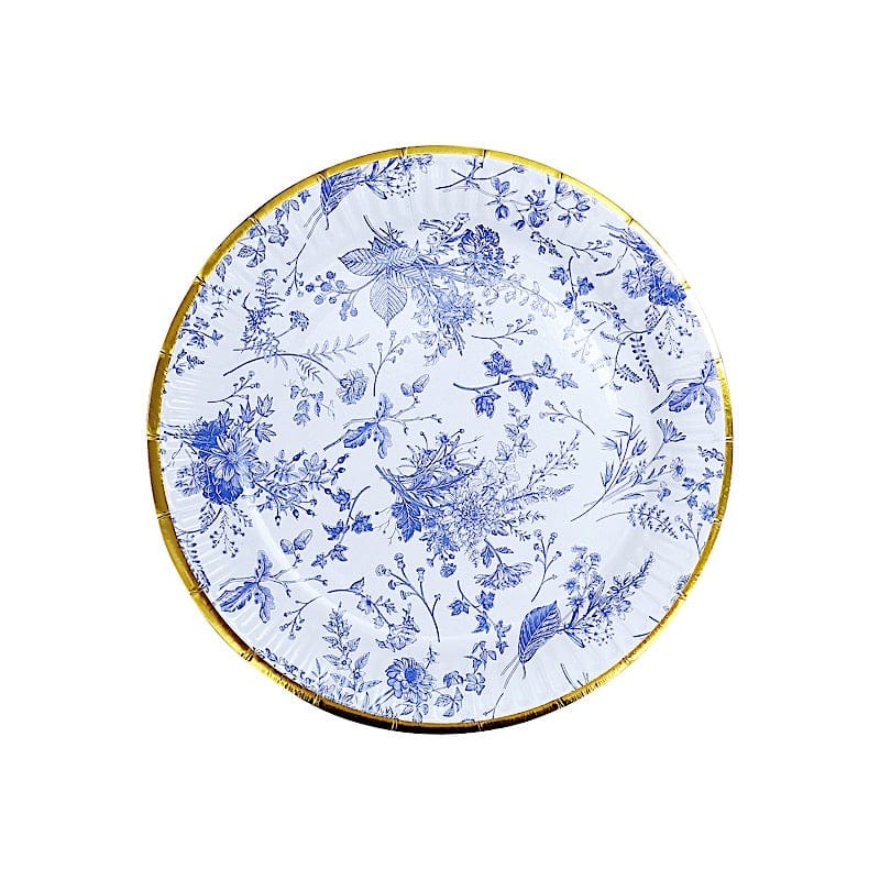 25 White Round Disposable Paper Plates with Blue Floral Design