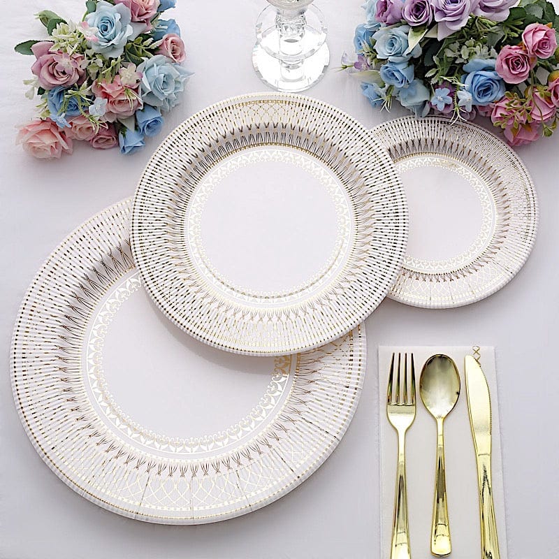 25 White Round Disposable Paper Plates with Gold Porcelain Design