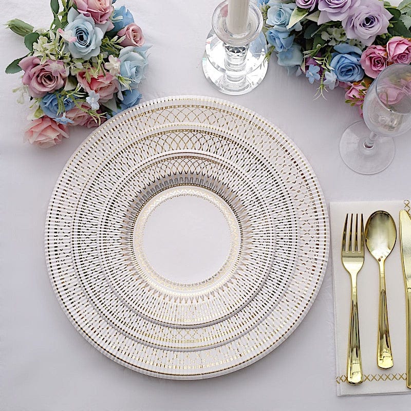 25 White Round Disposable Paper Plates with Gold Porcelain Design