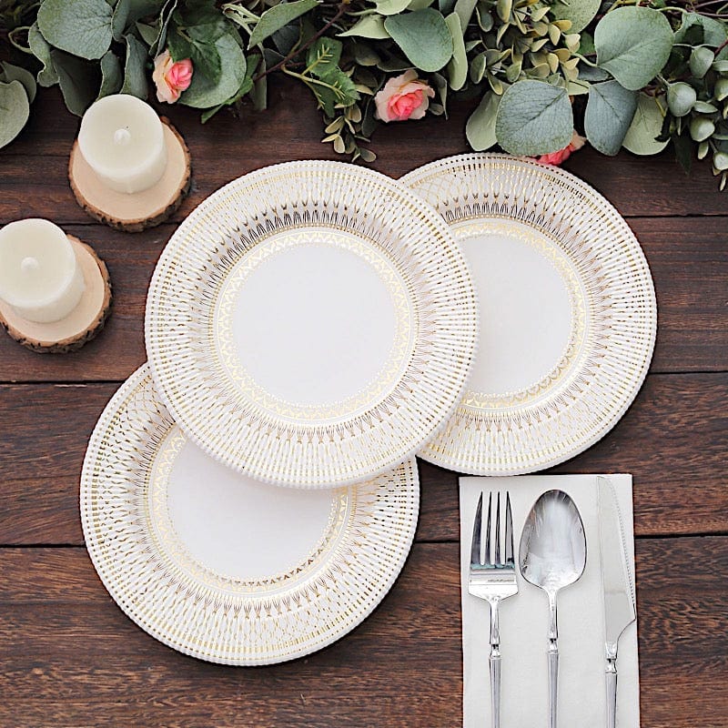 25 White Round Disposable Paper Plates with Gold Porcelain Design
