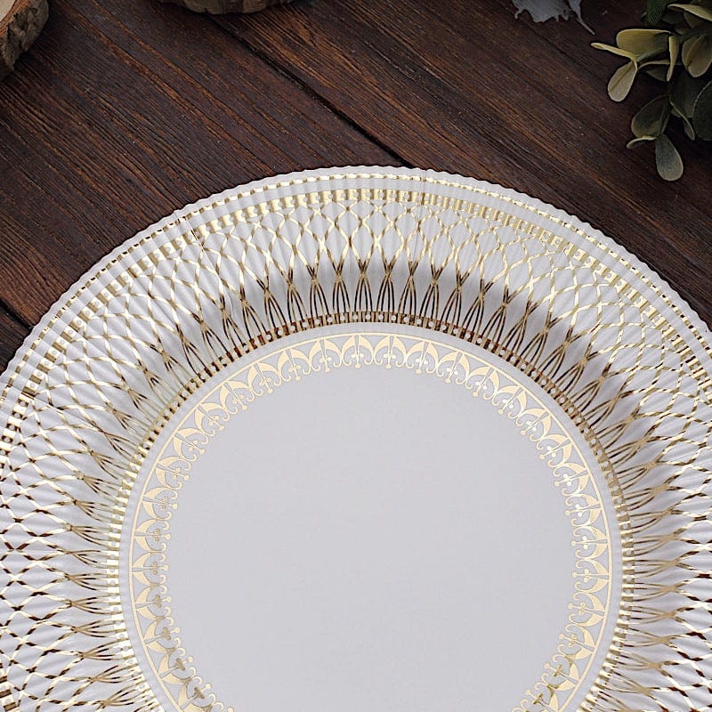 25 White Round Disposable Paper Plates with Gold Porcelain Design